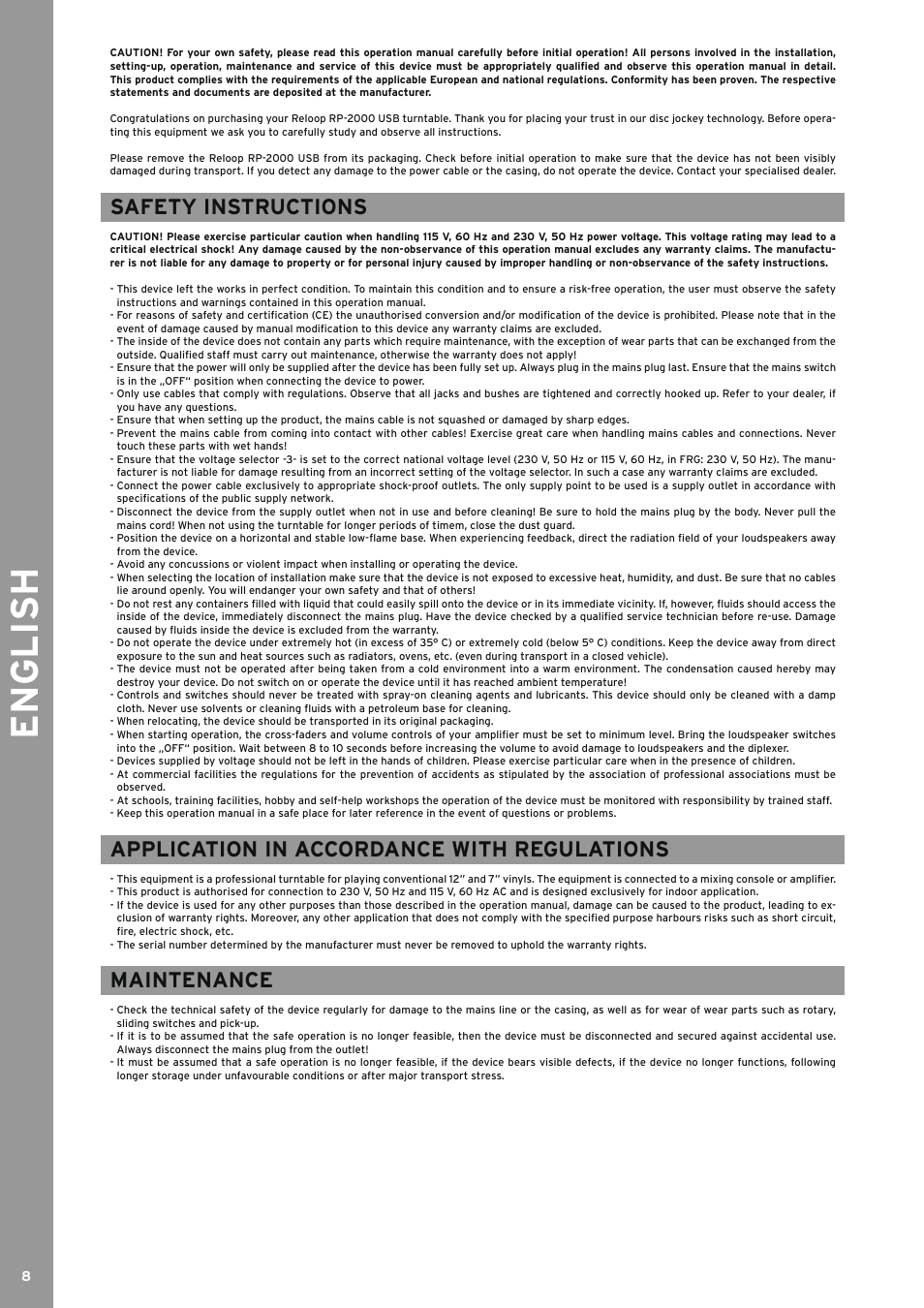 English, Safety instructions, Application in accordance with regulations | Maintenance | Reloop RP-2000 USB User Manual | Page 8 / 16