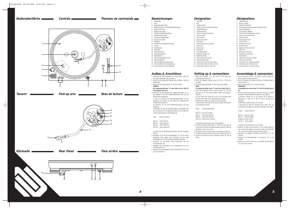 45 bezeichnungen, Aufbau & anschlüsse, Controls pick-up arm rear panel designation | Setting up & connections, Assemblage & connexions, Bedienoberfläche tonarm rückseite | Reloop RP-4000 M3Ds User Manual | Page 4 / 8