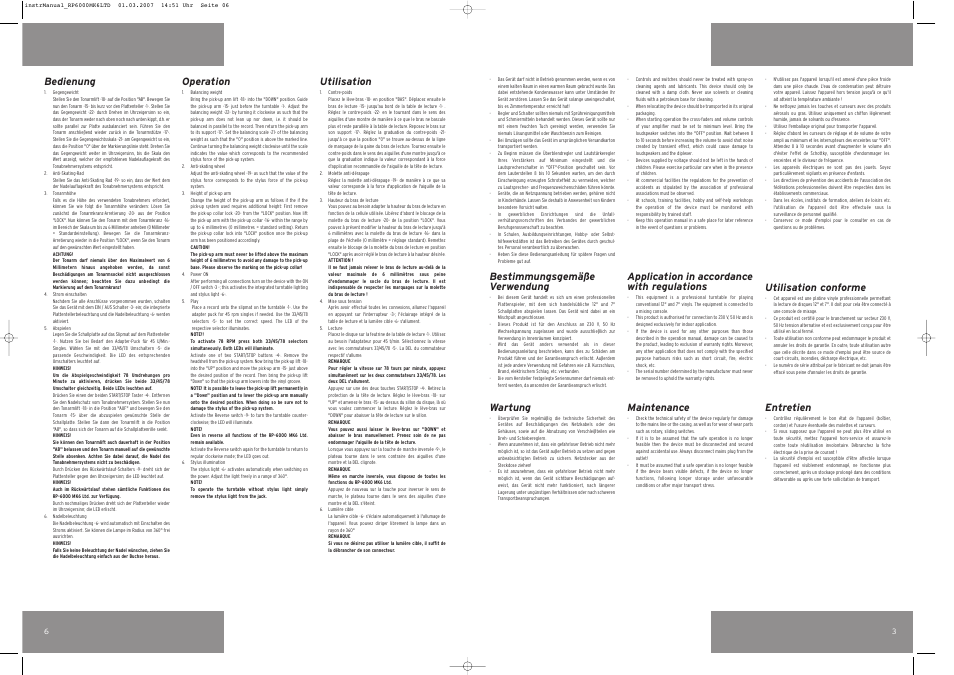 Bestimmungsgemäße verwendung, Wartung, Utilisation conforme | Entretien, Bedienung, Operation, Utilisation, Application in accordance with regulations, Maintenance | Reloop RP-6000 MK6B User Manual | Page 4 / 4
