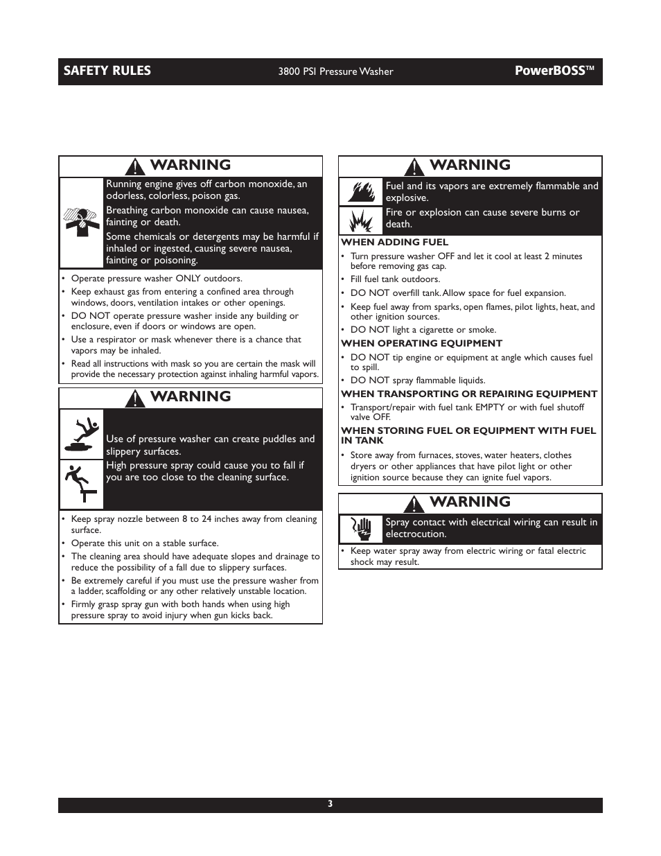 Warning | Briggs & Stratton PowerBoss 20262 User Manual | Page 3 / 36