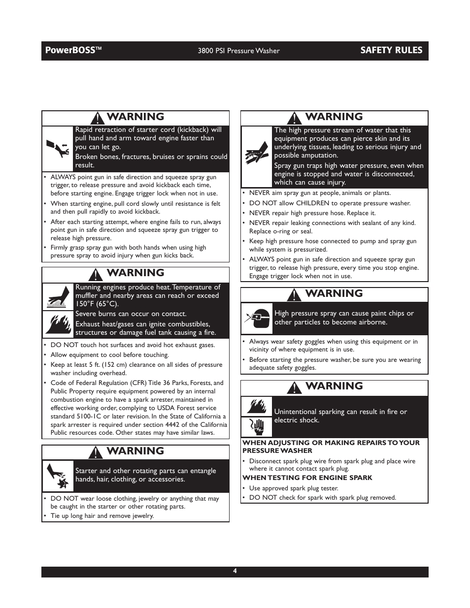 Warning | Briggs & Stratton PowerBoss 20262 User Manual | Page 4 / 36