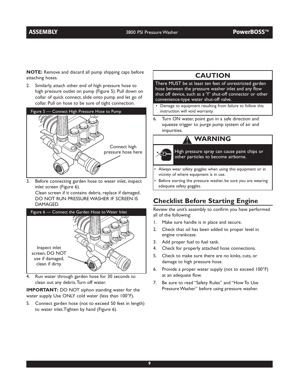 Checklist before starting engine, Caution, Warning | Briggs & Stratton PowerBoss 20262 User Manual | Page 9 / 36