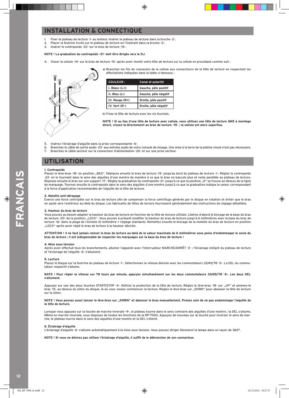 Fr anc ais, Installation & connectique, Utilisation | Reloop RP-7000 LTD. User Manual | Page 12 / 20