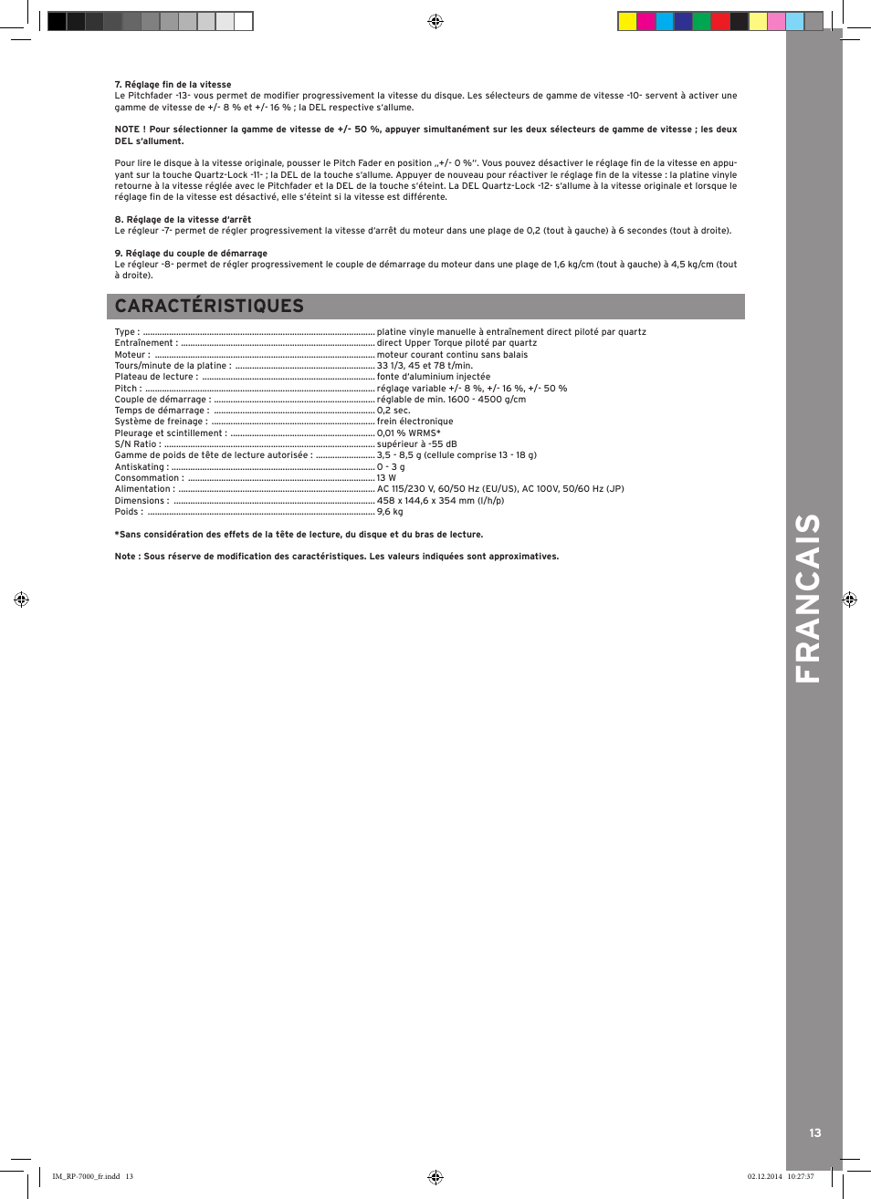 Fr anc ais, Caractéristiques | Reloop RP-7000 LTD. User Manual | Page 13 / 20