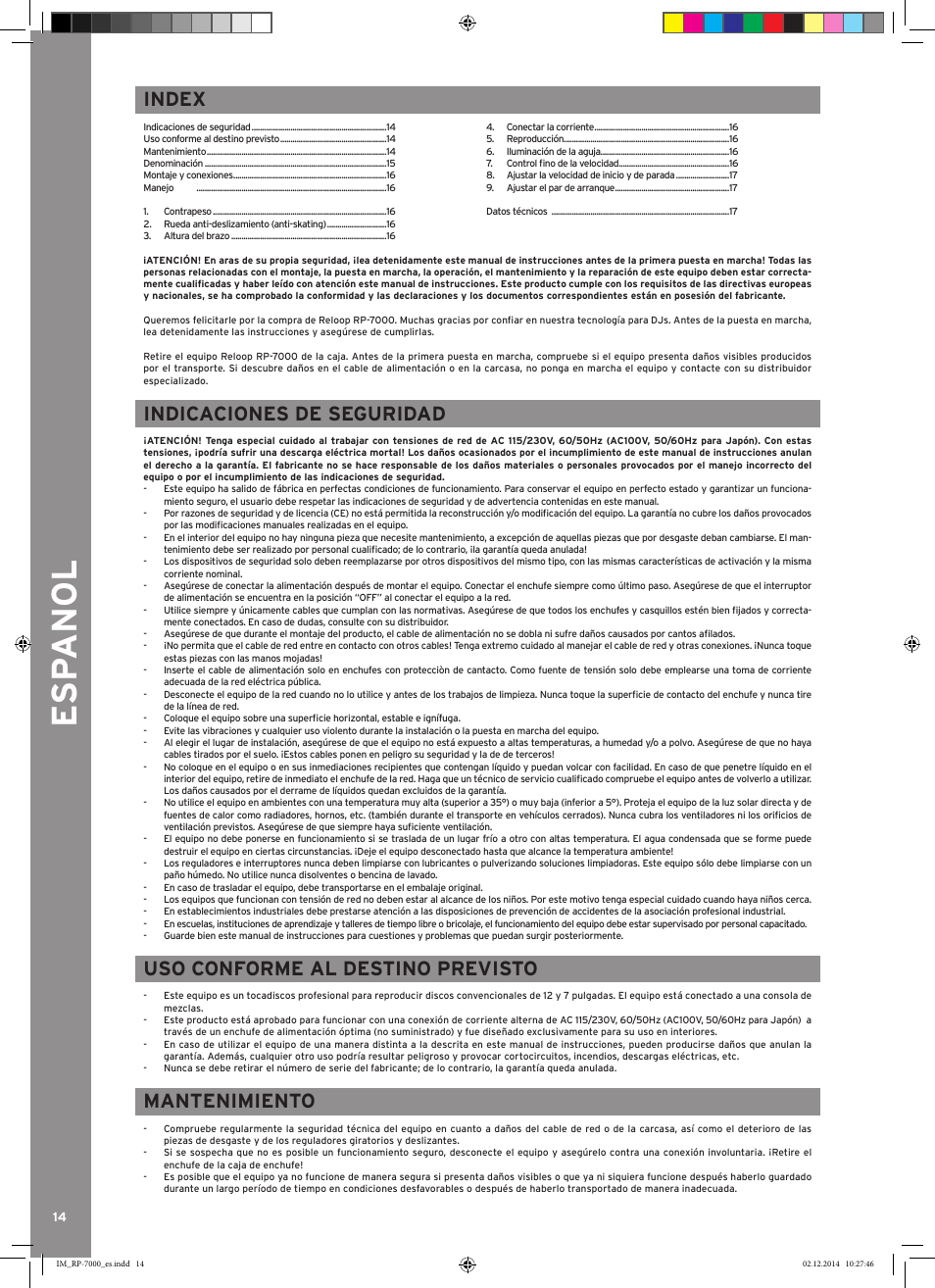 Esp anol, Indicaciones de seguridad, Uso conforme al destino previsto | Mantenimiento, Index | Reloop RP-7000 LTD. User Manual | Page 14 / 20