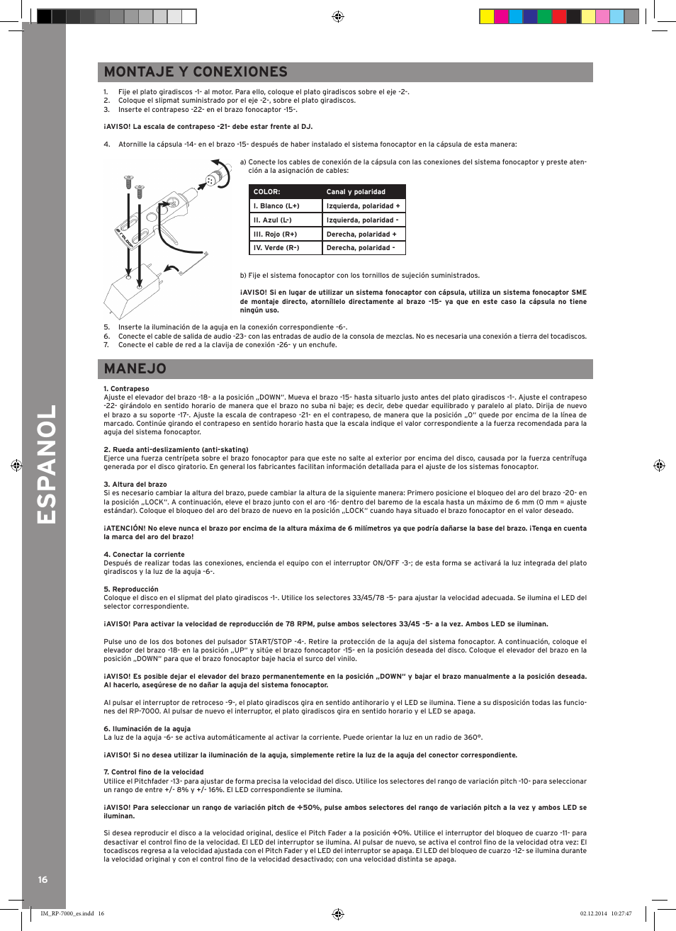 Esp anol, Montaje y conexiones, Manejo | Reloop RP-7000 LTD. User Manual | Page 16 / 20