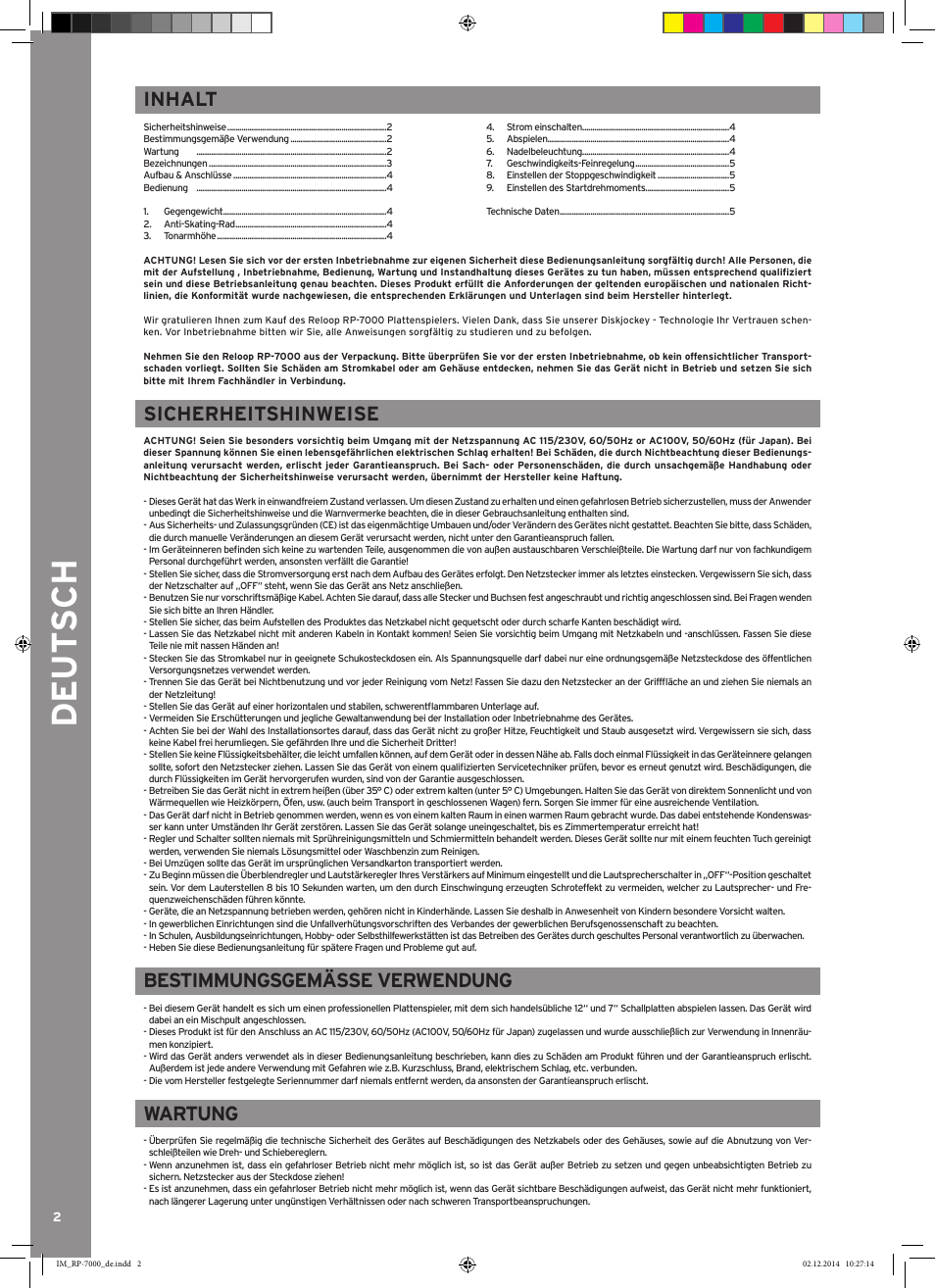 De ut s ch, Sicherheitshinweise, Bestimmungsgemässe verwendung | Wartung, Inhalt | Reloop RP-7000 LTD. User Manual | Page 2 / 20