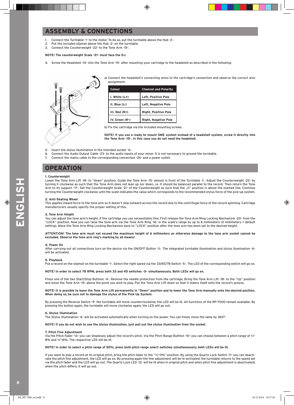 English, Assembly & connections, Operation | Reloop RP-7000 LTD. User Manual | Page 8 / 20