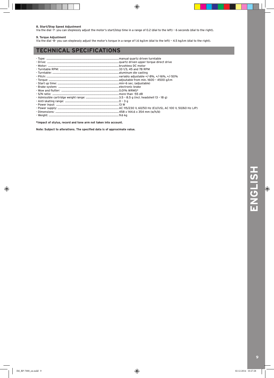 English, Technical specifications | Reloop RP-7000 LTD. User Manual | Page 9 / 20