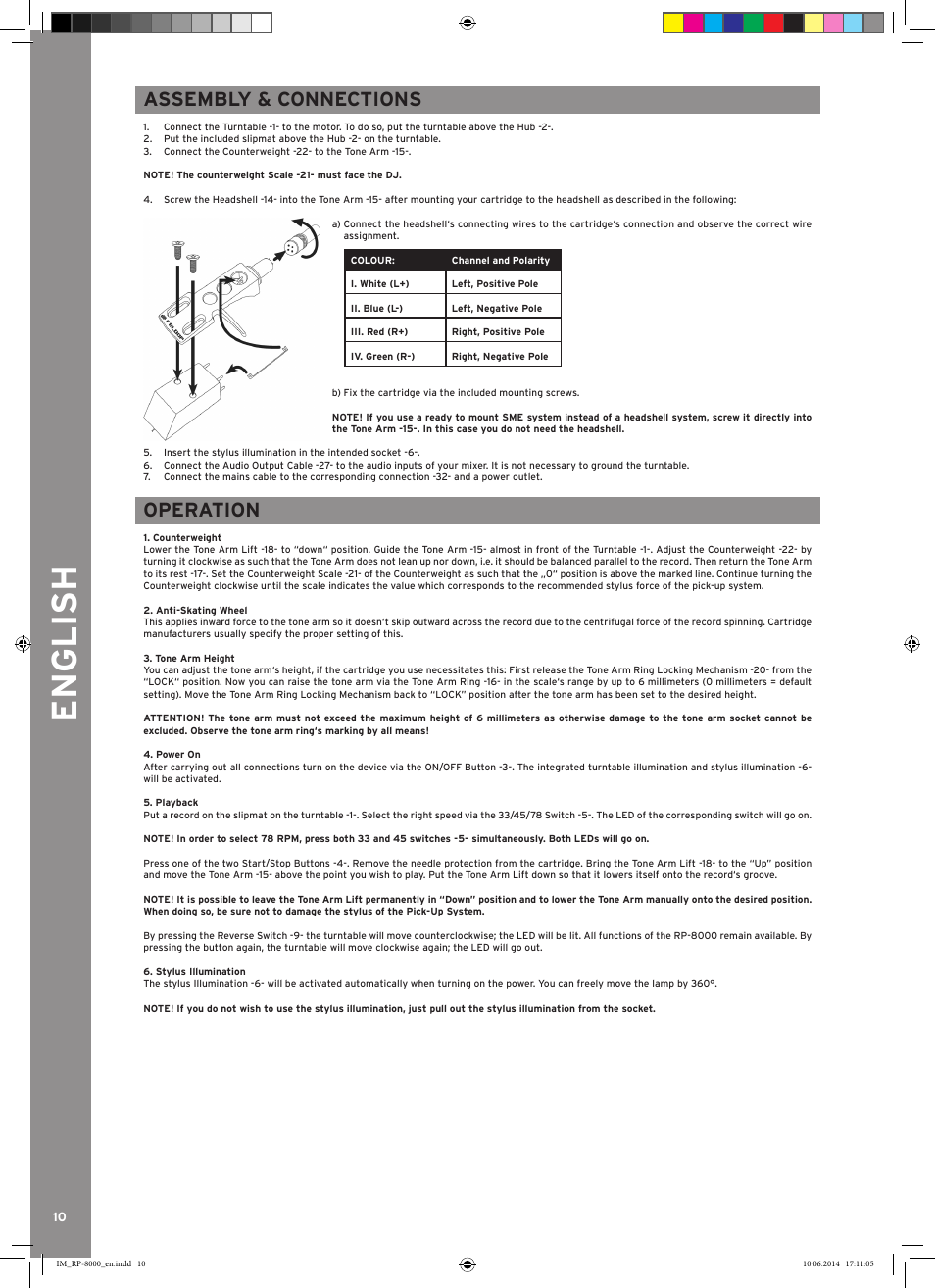 English, Assembly & connections, Operation | Reloop RP-8000 - Instruction Manual User Manual | Page 10 / 28