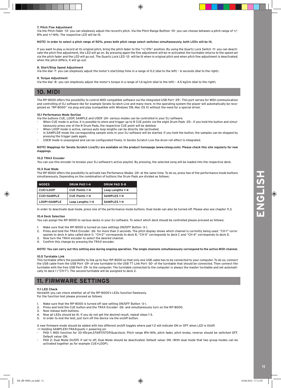 English, Midi, Firmware settings | Reloop RP-8000 - Instruction Manual User Manual | Page 11 / 28