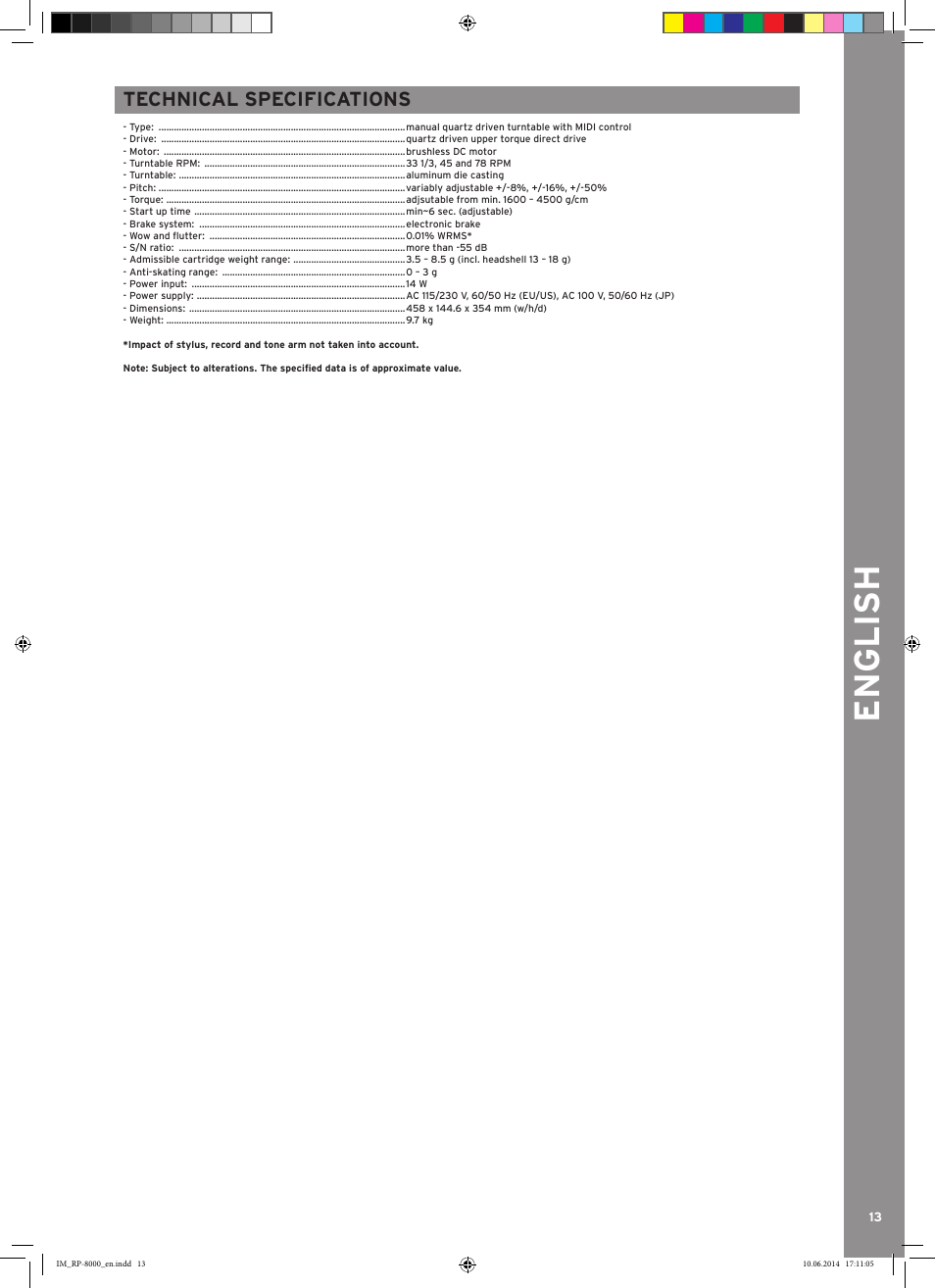 English, Technical specifications | Reloop RP-8000 - Instruction Manual User Manual | Page 13 / 28