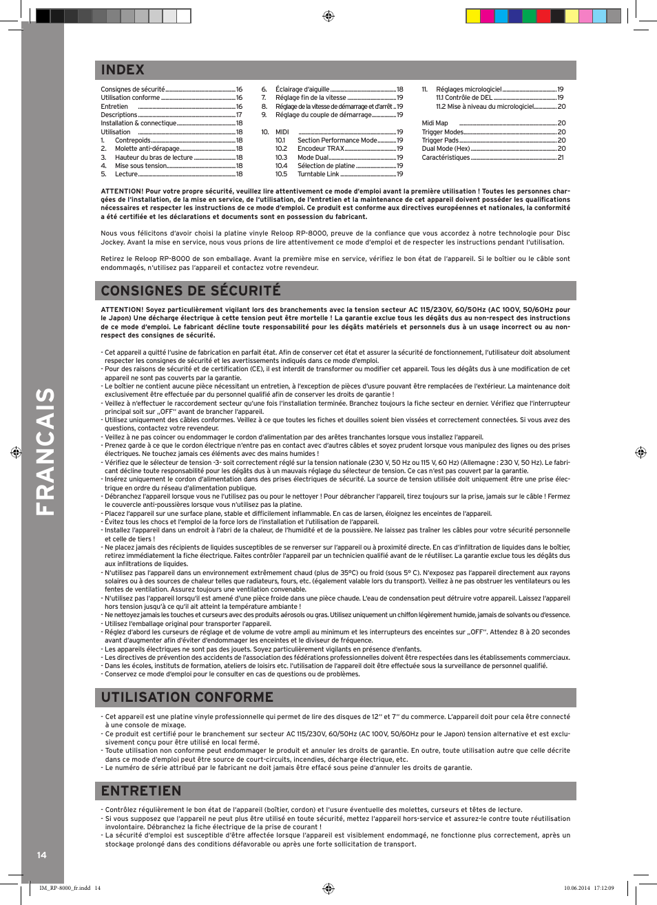 Fr anc ais, Consignes de sécurité, Utilisation conforme | Entretien, Index | Reloop RP-8000 - Instruction Manual User Manual | Page 16 / 28