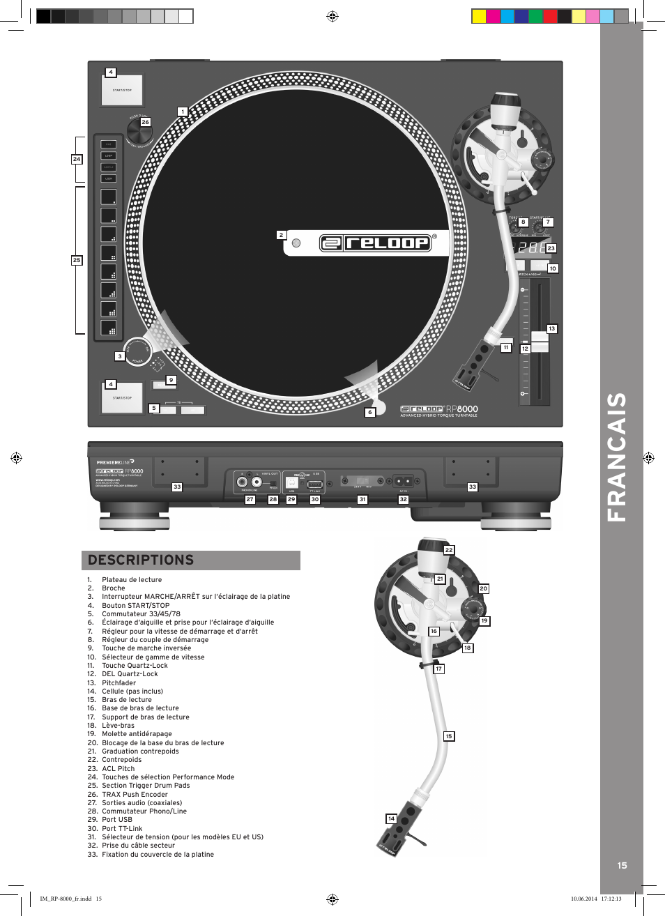 Fr anc ais, Descriptions | Reloop RP-8000 - Instruction Manual User Manual | Page 17 / 28