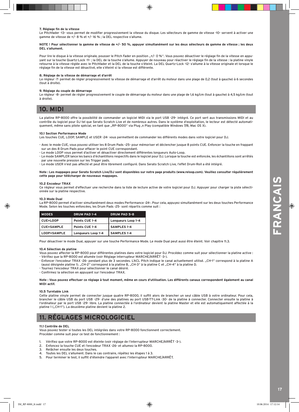 Fr anc ais, Midi, Réglages micrologiciel | Reloop RP-8000 - Instruction Manual User Manual | Page 19 / 28