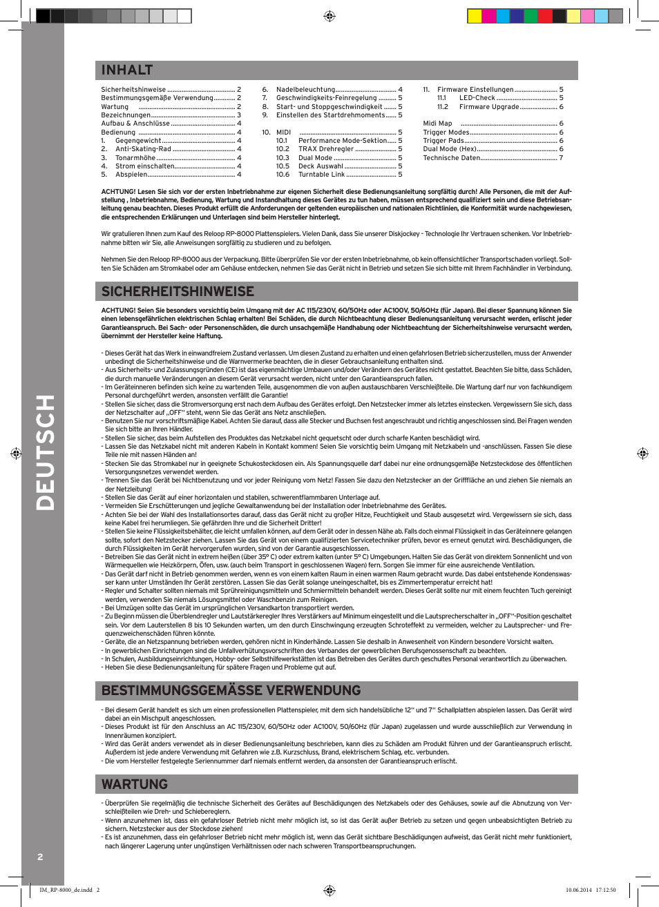 De ut s ch, Sicherheitshinweise, Bestimmungsgemässe verwendung | Wartung, Inhalt | Reloop RP-8000 - Instruction Manual User Manual | Page 2 / 28