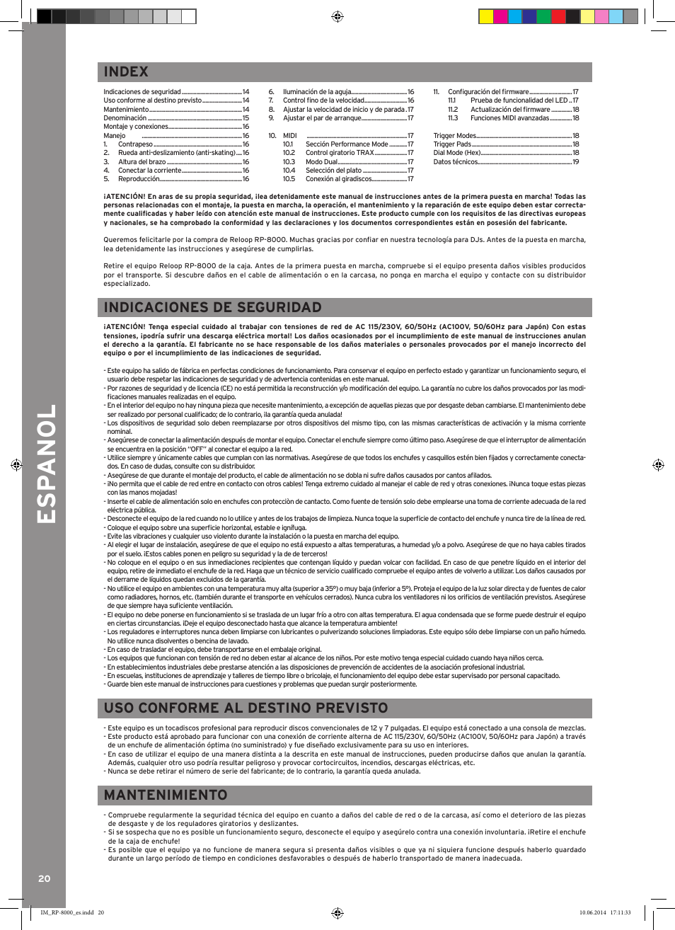 Esp anol, Indicaciones de seguridad, Uso conforme al destino previsto | Mantenimiento, Index | Reloop RP-8000 - Instruction Manual User Manual | Page 22 / 28