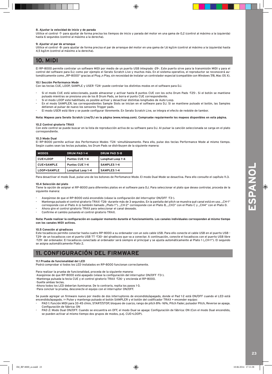 Esp anol, Midi, Configuración del firmware | Reloop RP-8000 - Instruction Manual User Manual | Page 25 / 28