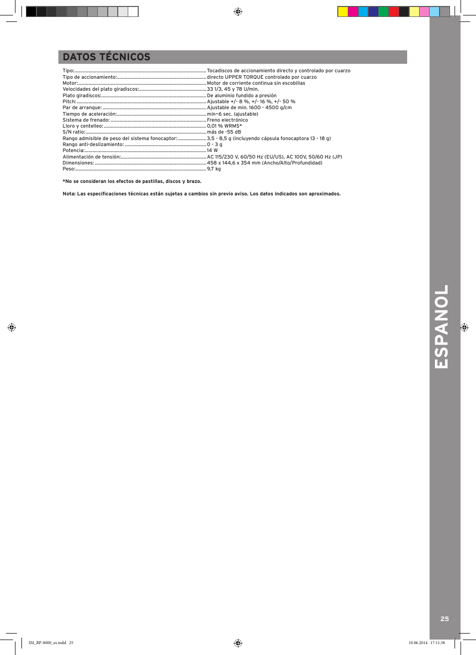 Esp anol | Reloop RP-8000 - Instruction Manual User Manual | Page 27 / 28