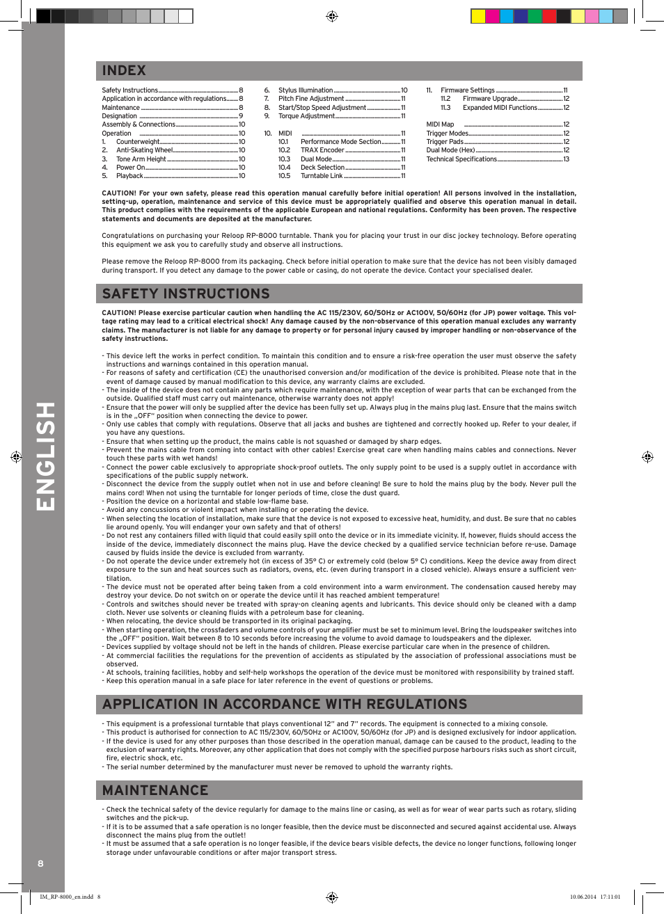 English, Safety instructions, Application in accordance with regulations | Maintenance, Index | Reloop RP-8000 - Instruction Manual User Manual | Page 8 / 28