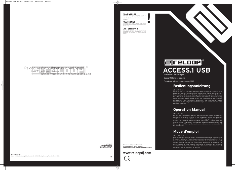 Access.1 usb, Bedienungsanleitung, Operation manual | Mode d'emploi, Reloop wünscht ihnen nun viel spaß | Reloop ACCESS.1 USB User Manual | Page 8 / 8