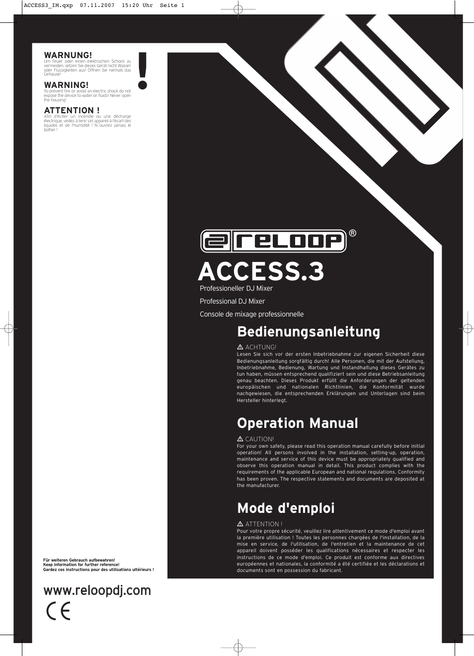 Reloop ACCESS.3 User Manual | 8 pages