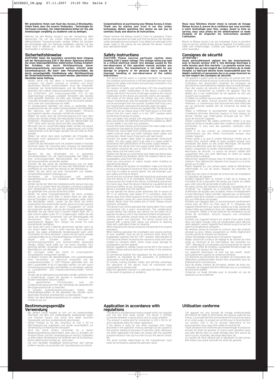 Sicherheitshinweise, Bestimmungsgemäße verwendung, Safety instructions | Application in accordance with regulations, Consignes de sécurité, Utilisation conforme | Reloop ACCESS.3 User Manual | Page 2 / 8