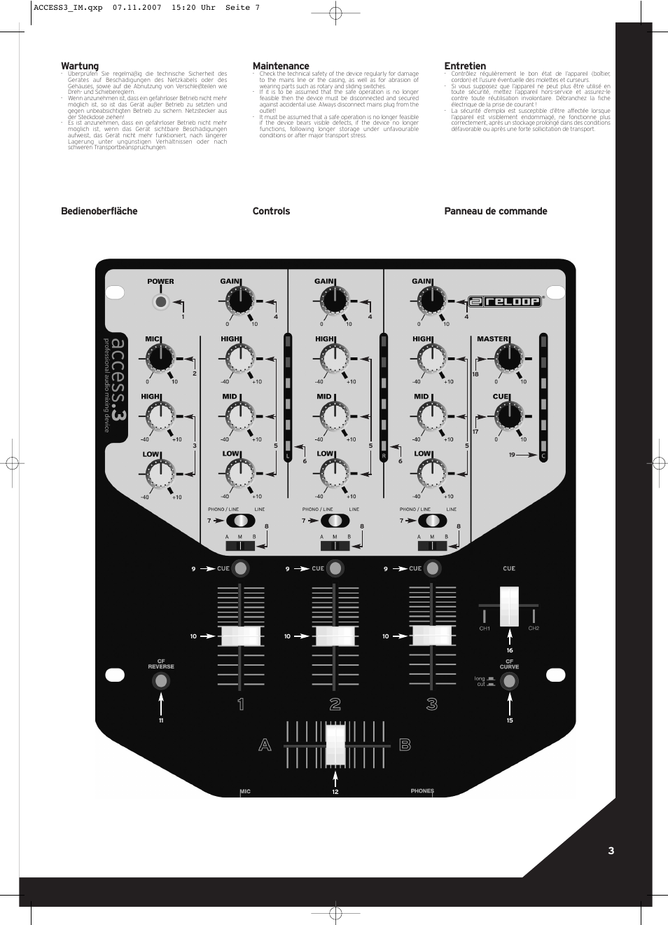 Wartung, Bedienoberfläche 3 maintenance, Controls entretien | Panneau de commande | Reloop ACCESS.3 User Manual | Page 3 / 8