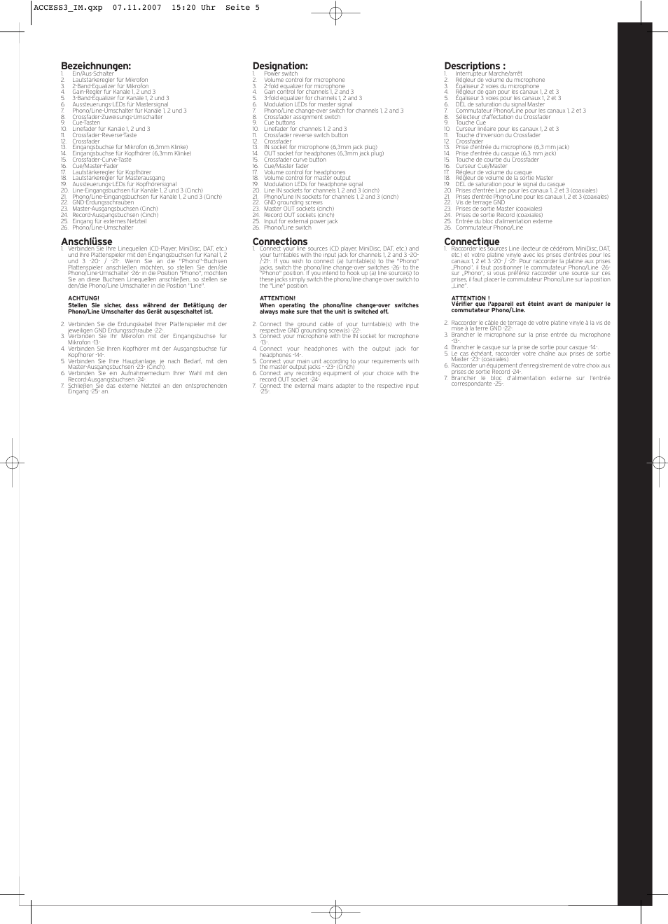 Bezeichnungen, Anschlüsse, Designation | Connections, Descriptions, Connectique | Reloop ACCESS.3 User Manual | Page 5 / 8
