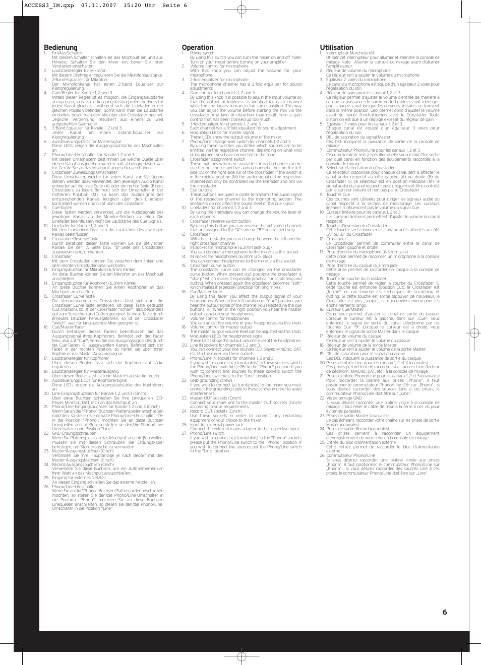 6bedienung, Operation, Utilisation | Reloop ACCESS.3 User Manual | Page 6 / 8