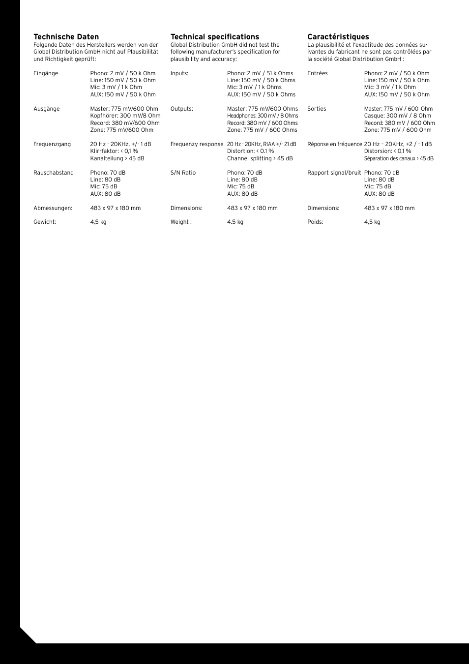 Technische daten, Technical specifications, Caractéristiques | Reloop ACCESS.4 User Manual | Page 10 / 12