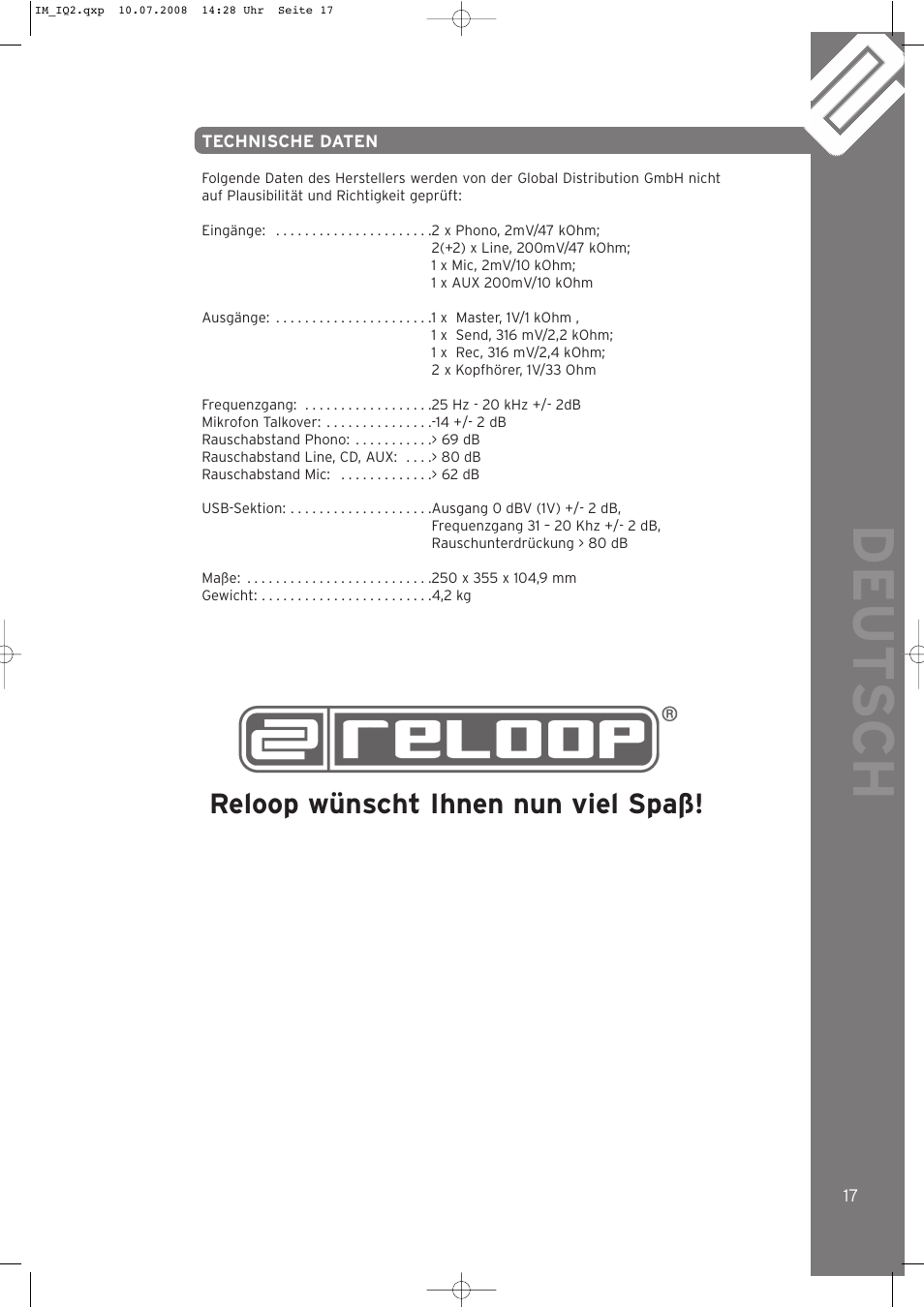 Deut sch, Reloop wünscht ihnen nun viel spaß | Reloop IQ.2+ USB User Manual | Page 17 / 52