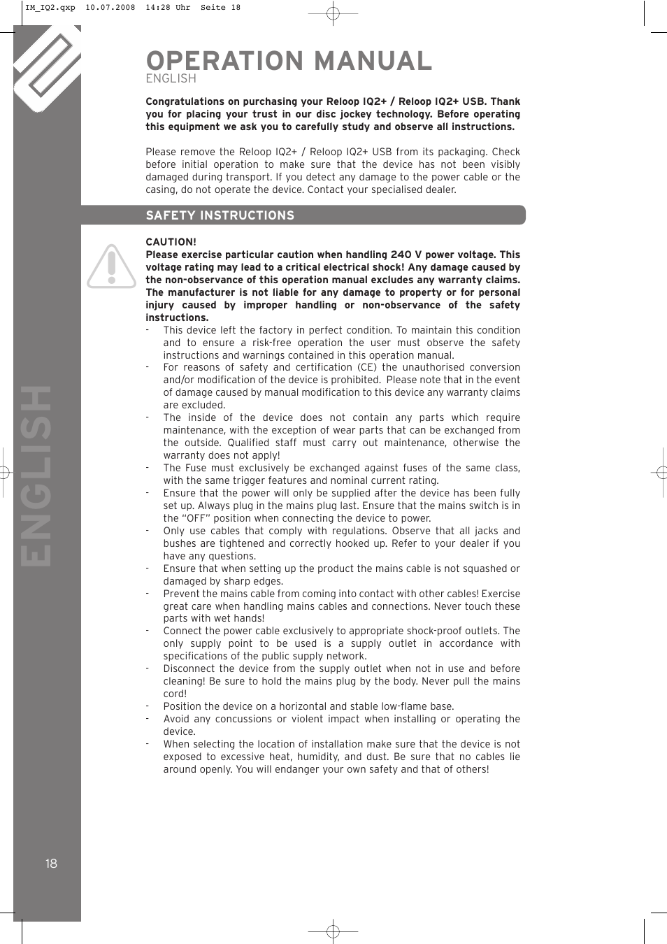 English, Operation manual | Reloop IQ.2+ USB User Manual | Page 18 / 52