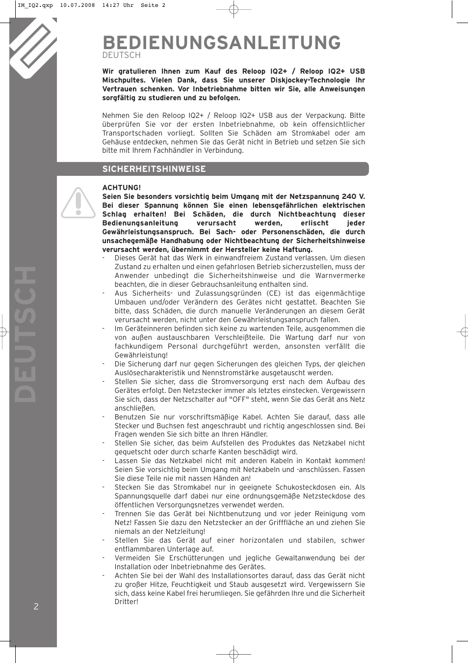 Deut sch, Bedienungsanleitung | Reloop IQ.2+ USB User Manual | Page 2 / 52