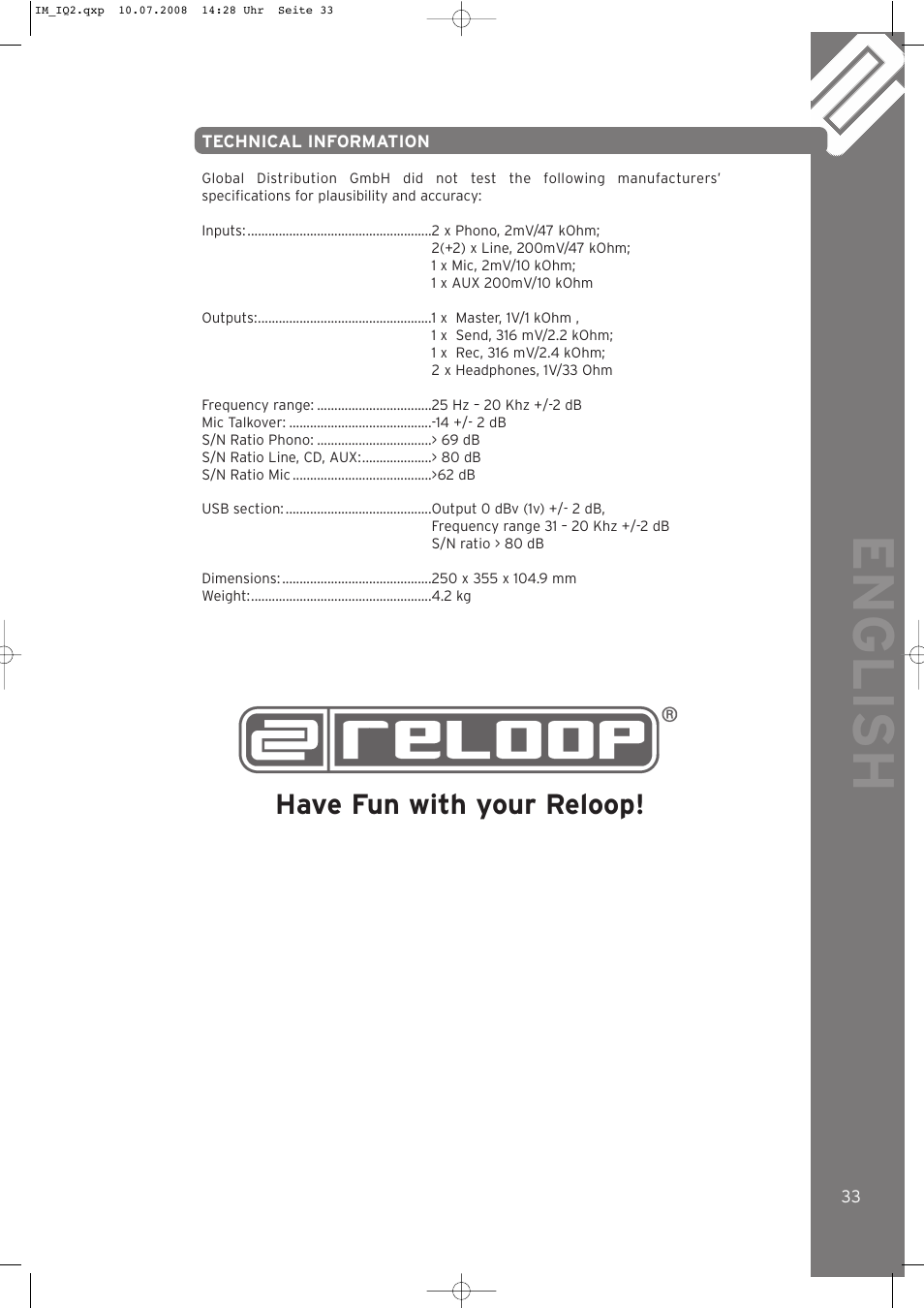 English, Have fun with your reloop | Reloop IQ.2+ USB User Manual | Page 33 / 52