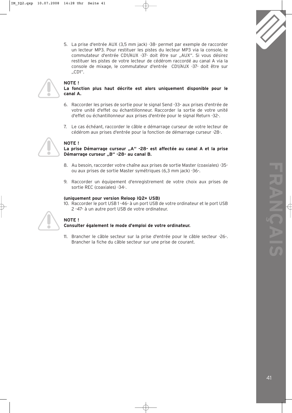 Fr ançais | Reloop IQ.2+ USB User Manual | Page 41 / 52