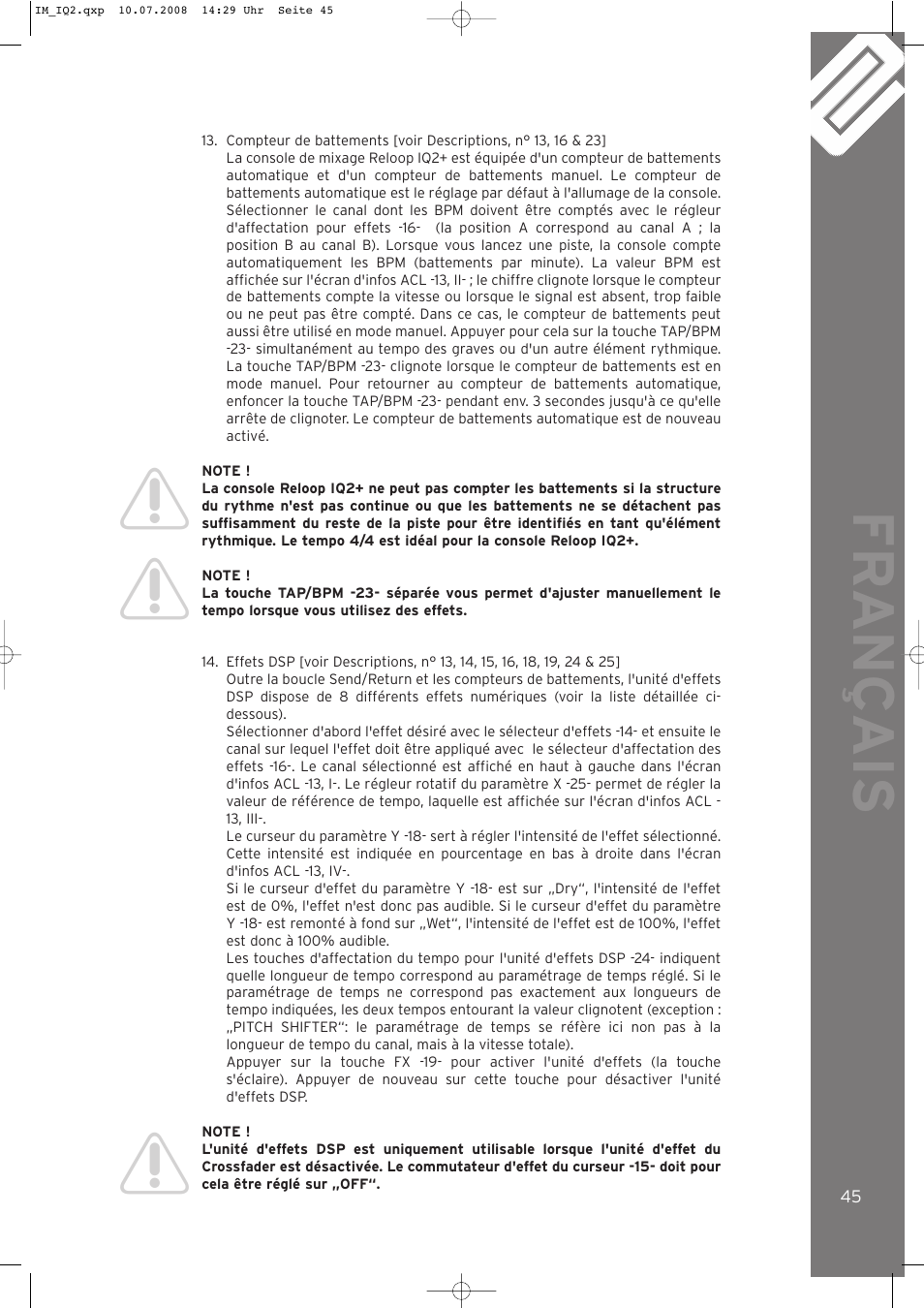 Fr ançais | Reloop IQ.2+ USB User Manual | Page 45 / 52