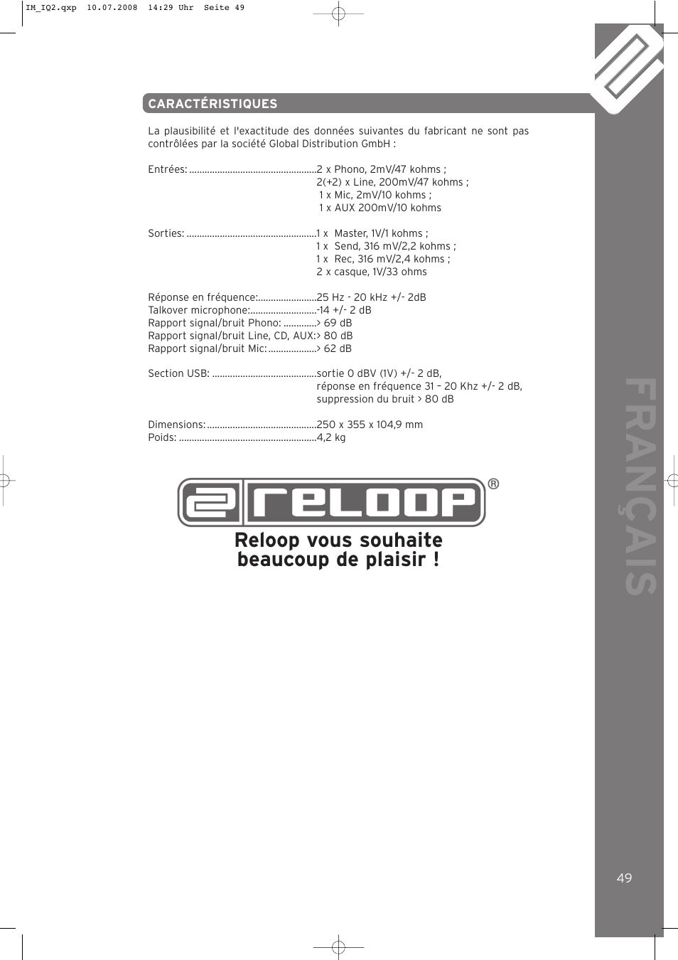 Fr ançais, Reloop vous souhaite beaucoup de plaisir | Reloop IQ.2+ USB User Manual | Page 49 / 52