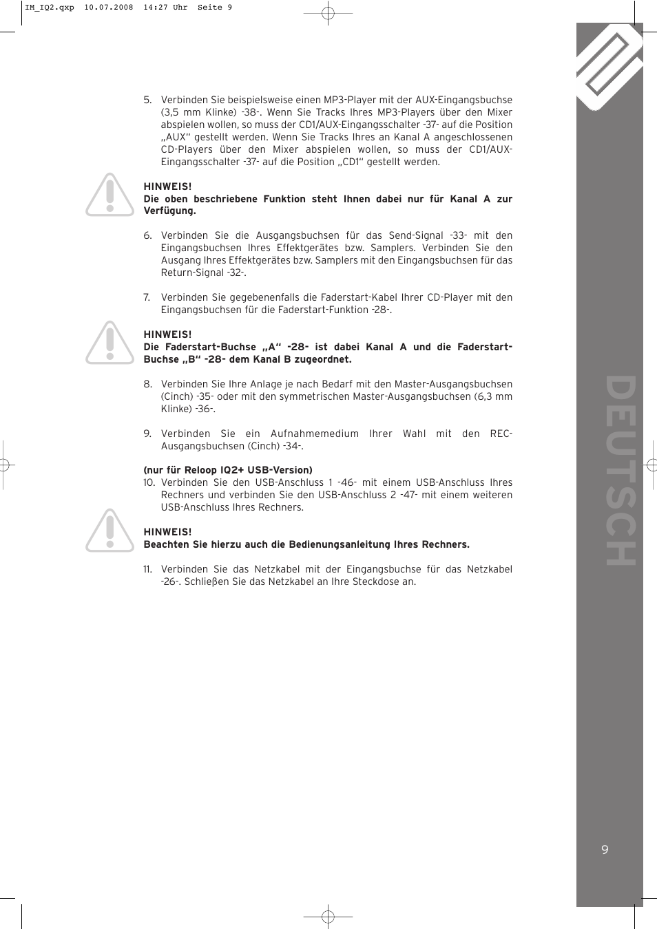 Deut sch | Reloop IQ.2+ USB User Manual | Page 9 / 52