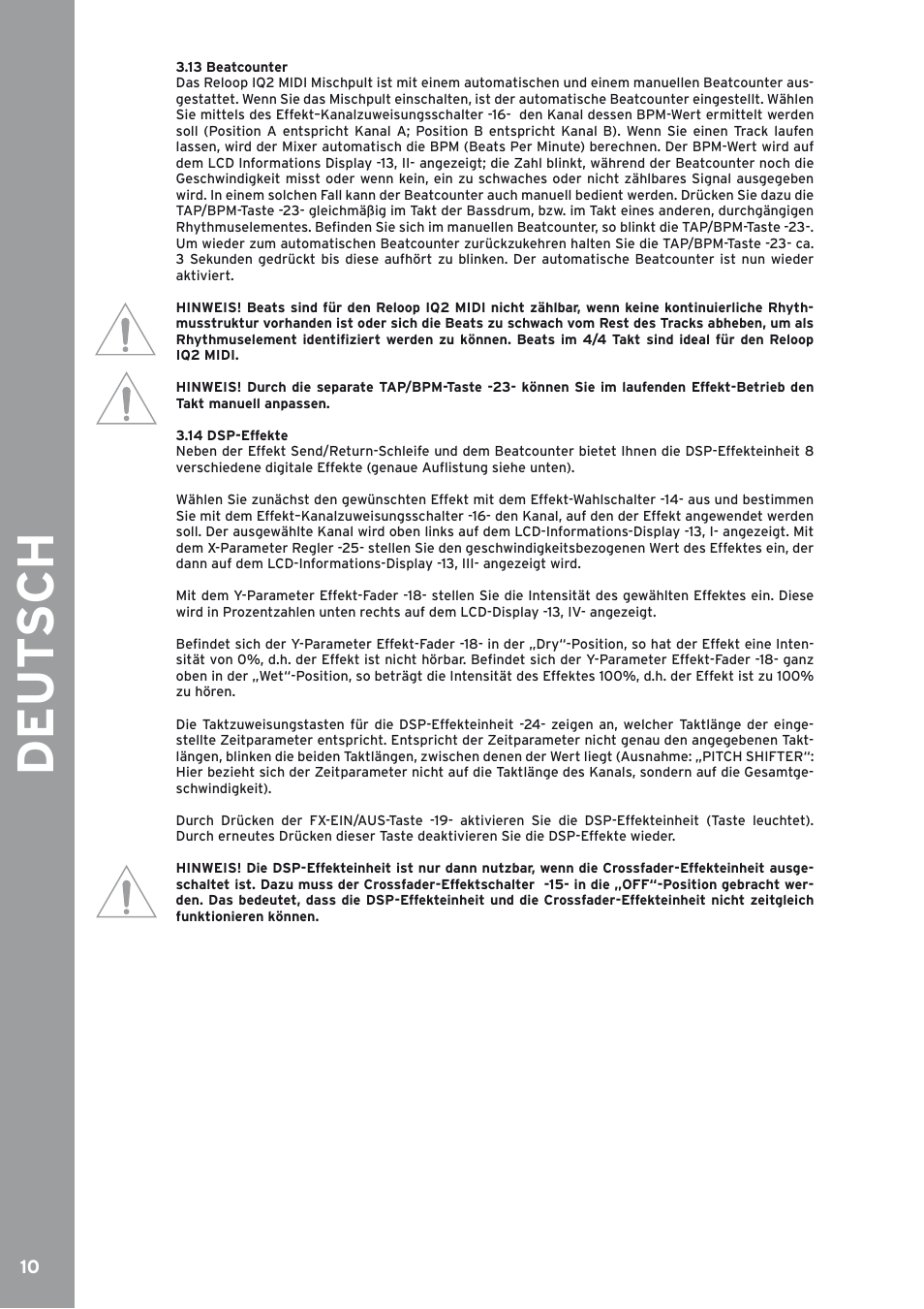 13 beatcounter, 14 dsp-effekte | Reloop IQ2 MIDI User Manual | Page 10 / 69