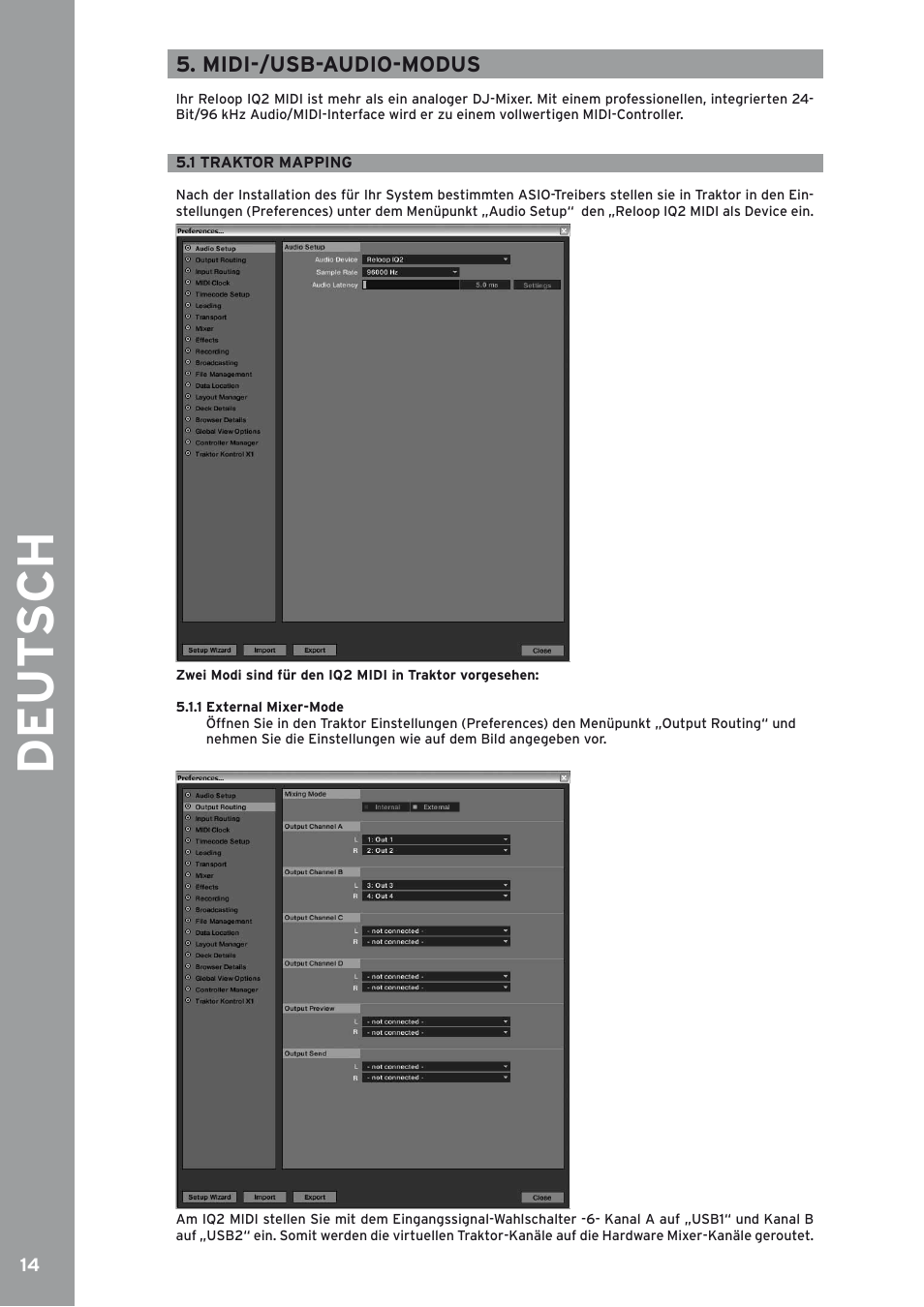 Midi-/usb-audio-modus, 1 traktor mapping, 1 external mixer-mode | Reloop IQ2 MIDI User Manual | Page 14 / 69