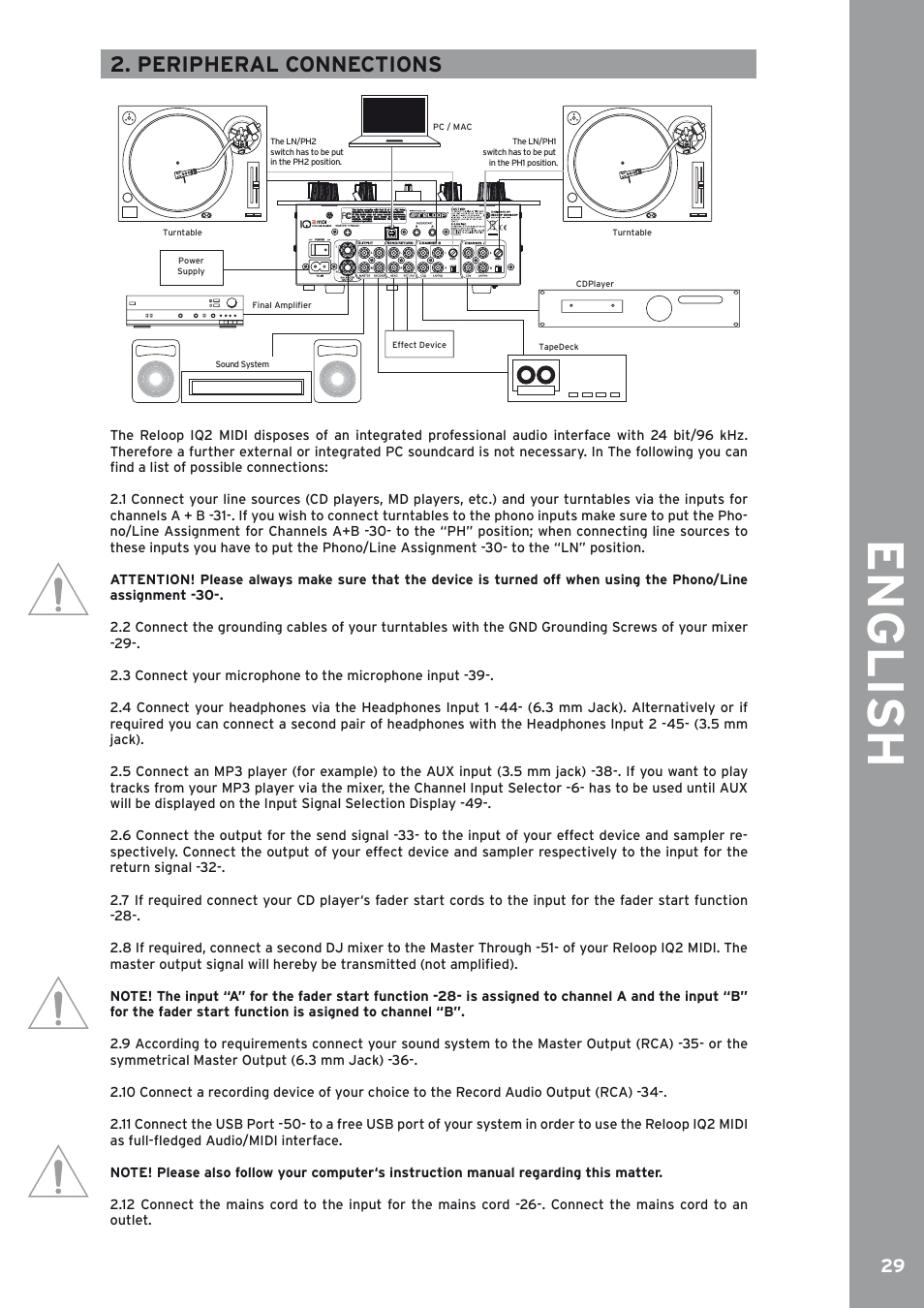 Peripheral connections, English | Reloop IQ2 MIDI User Manual | Page 30 / 69