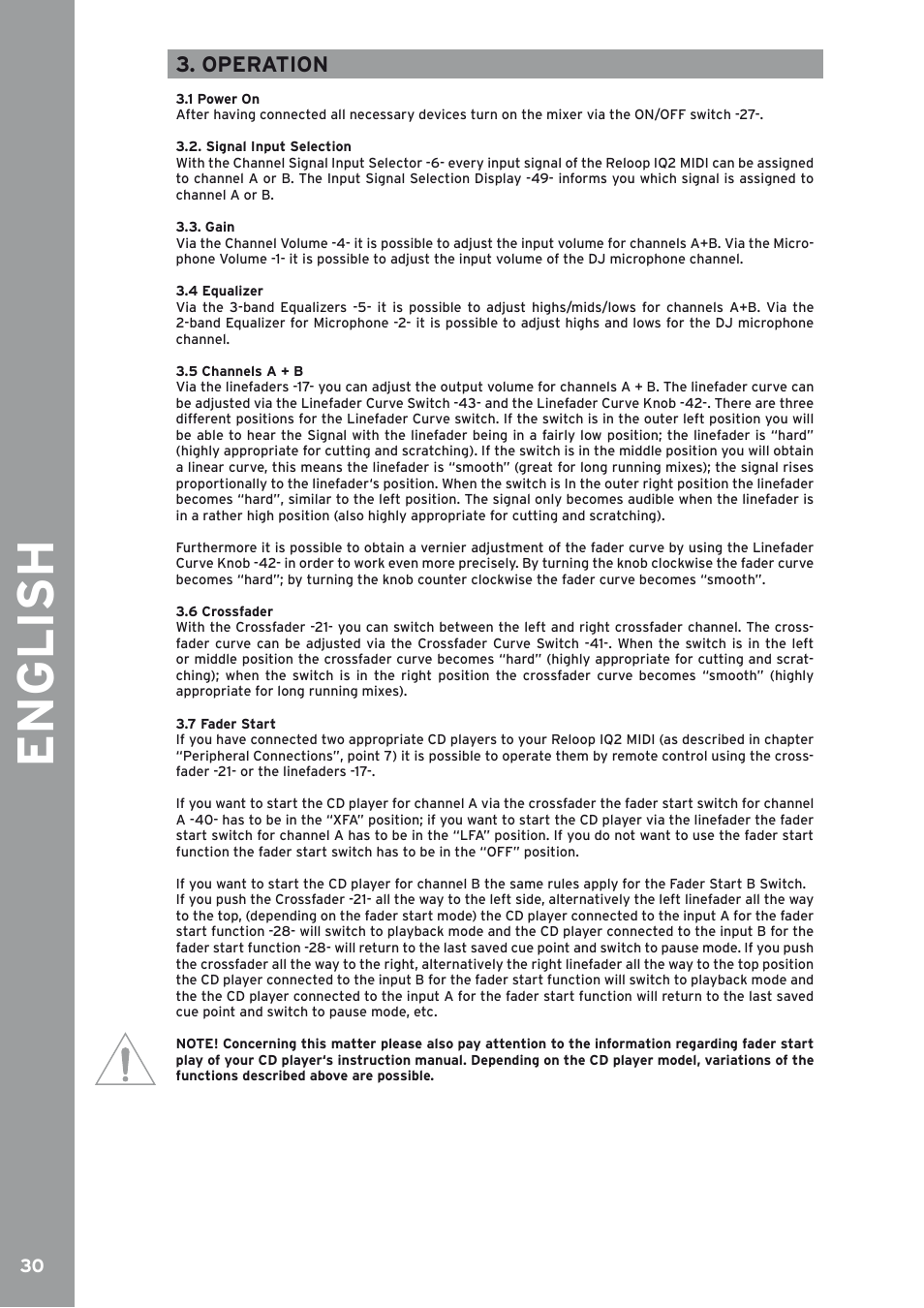 Operation, 1 power on, Signal input selection | Gain, 4 equalizer, 5 channels a + b, 6 crossfader, 7 fader start, English | Reloop IQ2 MIDI User Manual | Page 31 / 69