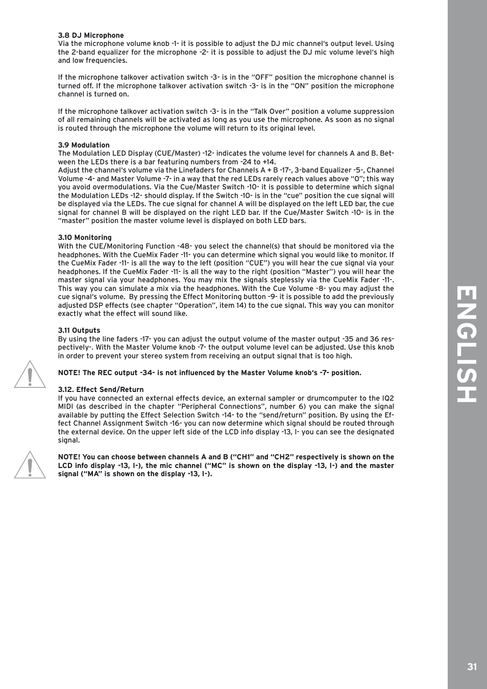 8 dj microphone, 9 modulation, 10 monitoring | 11 outputs, Effect send/return, English | Reloop IQ2 MIDI User Manual | Page 32 / 69