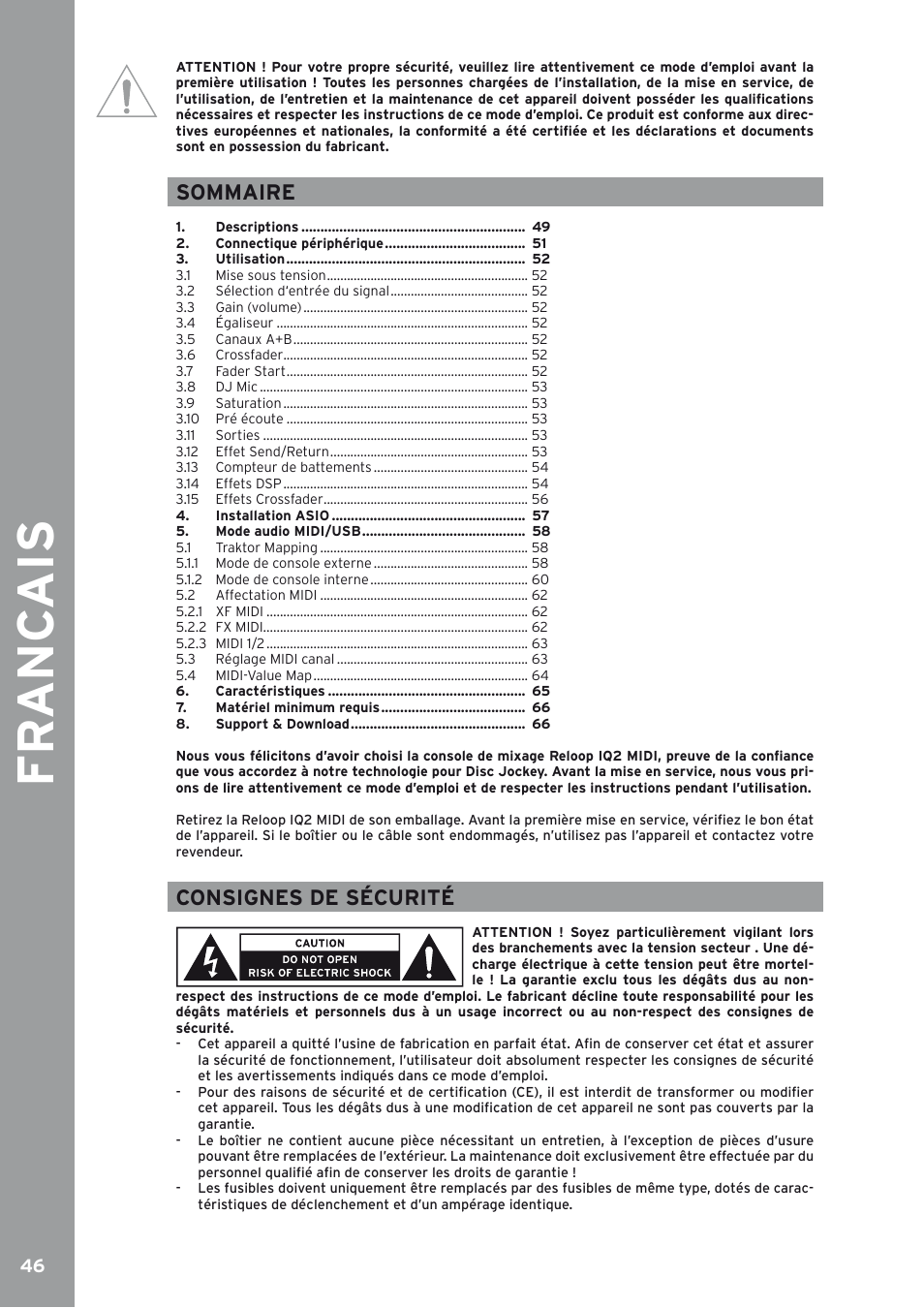 Sommaire, Consignes de sécurité, Fr anc ais | Reloop IQ2 MIDI User Manual | Page 47 / 69