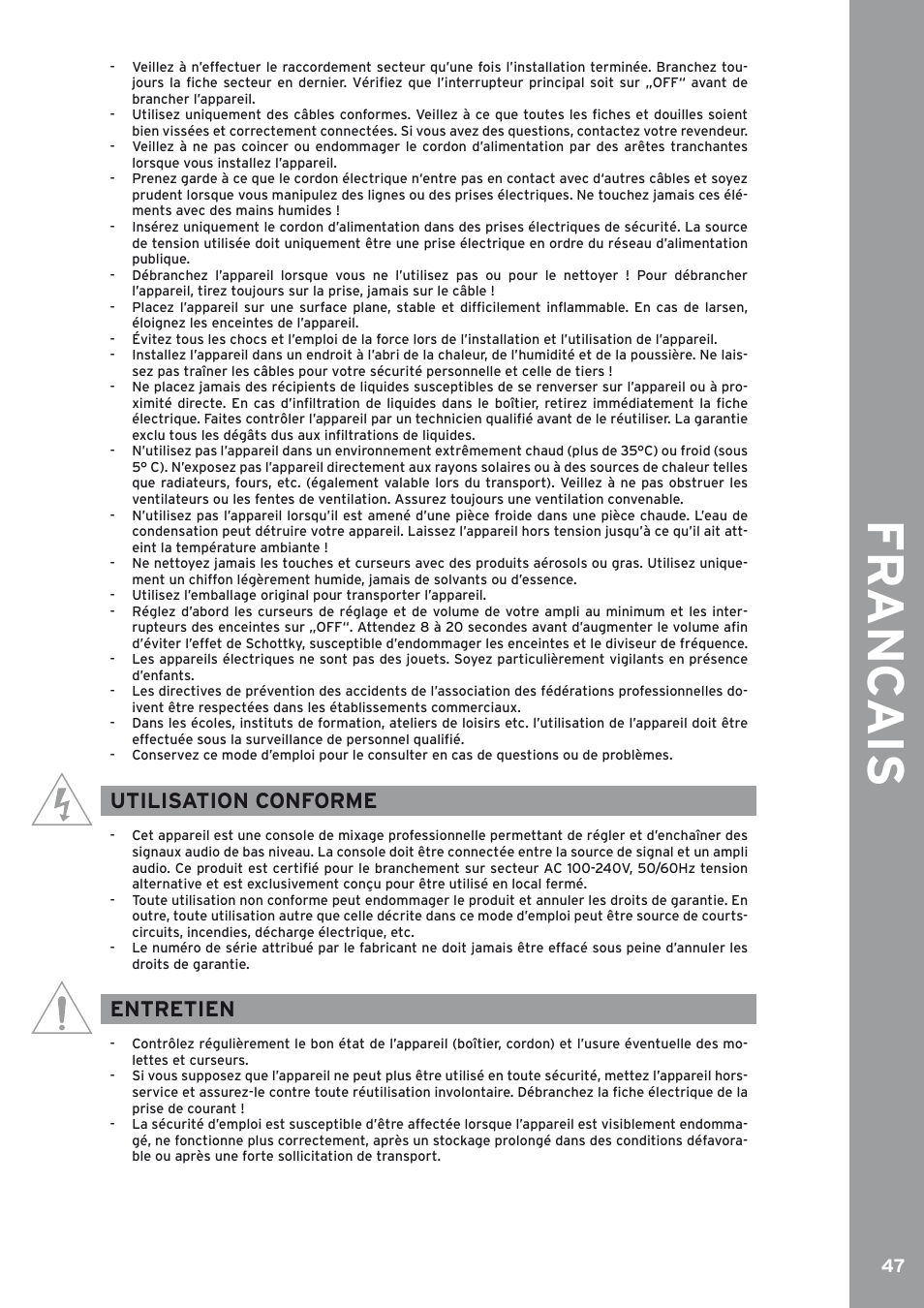 Utilisation conforme, Entretien, Fr anc ais | Reloop IQ2 MIDI User Manual | Page 48 / 69