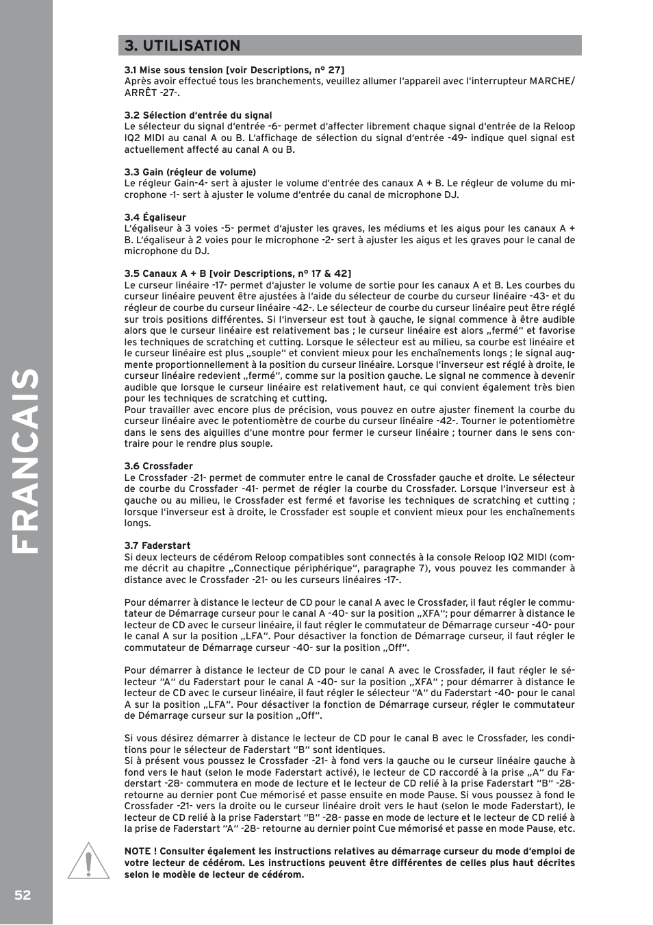 Utilisation, 1 mise sous tension [voir descriptions, n° 27, 2 sélection d‘entrée du signal | 3 gain (régleur de volume), 4 égaliseur, 5 canaux a + b [voir descriptions, n° 17 & 42, 6 crossfader, 7 faderstart, Fr anc ais | Reloop IQ2 MIDI User Manual | Page 53 / 69