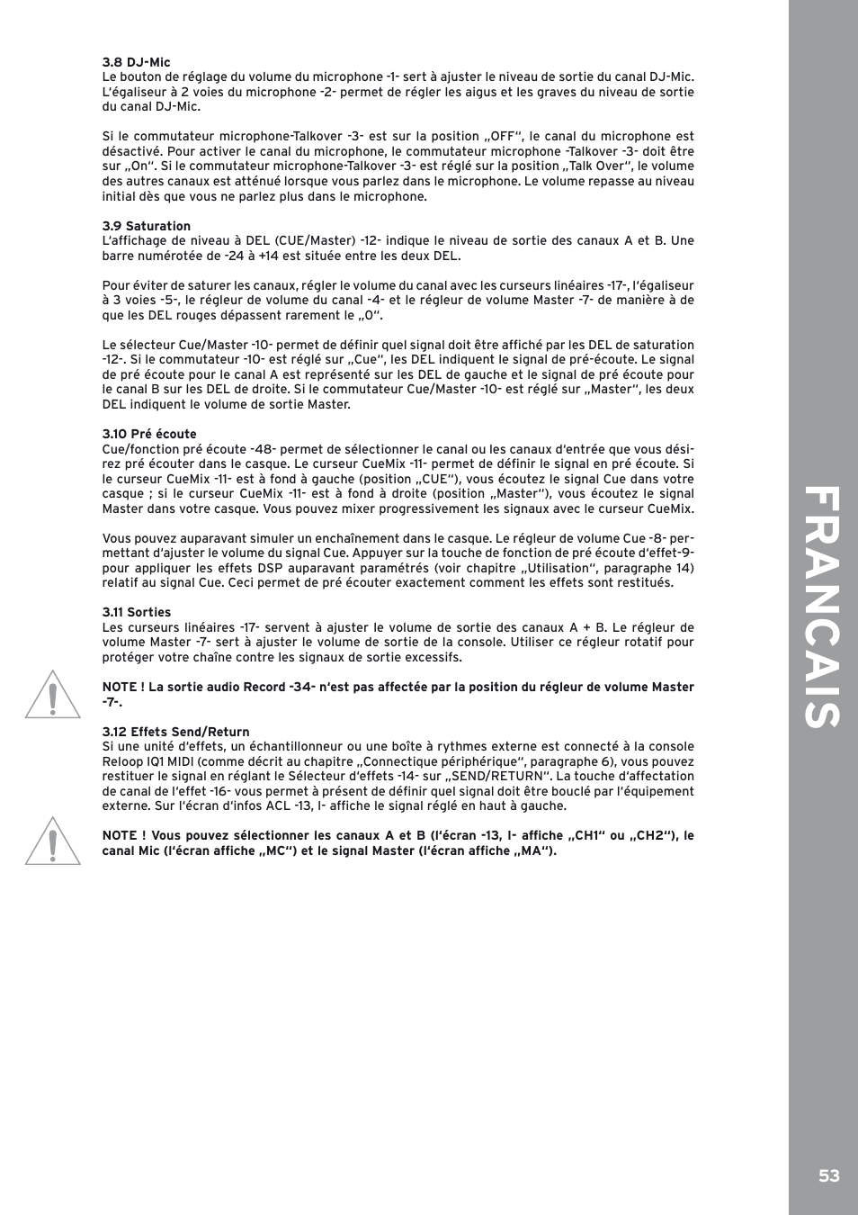 8 dj-mic, 9 saturation, 10 pré écoute | 11 sorties, 12 effets send/return, Fr anc ais | Reloop IQ2 MIDI User Manual | Page 54 / 69
