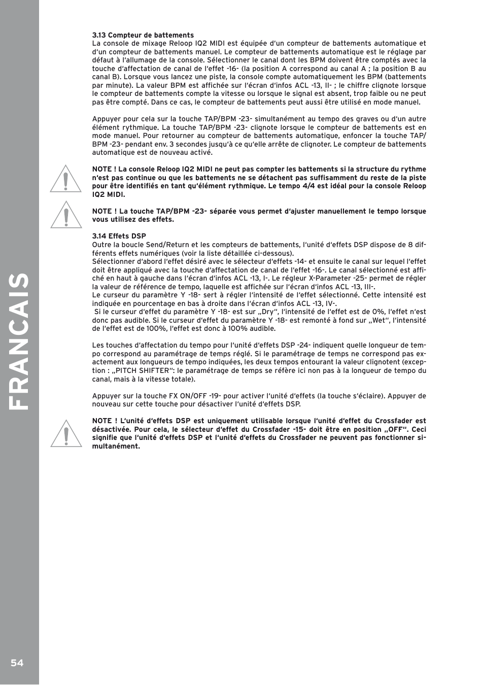 13 compteur de battements, 14 effets dsp, Fr anc ais | Reloop IQ2 MIDI User Manual | Page 55 / 69