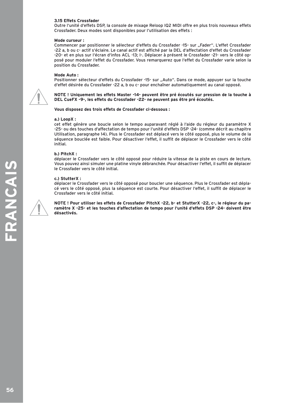 15 effets crossfader, Fr anc ais | Reloop IQ2 MIDI User Manual | Page 57 / 69